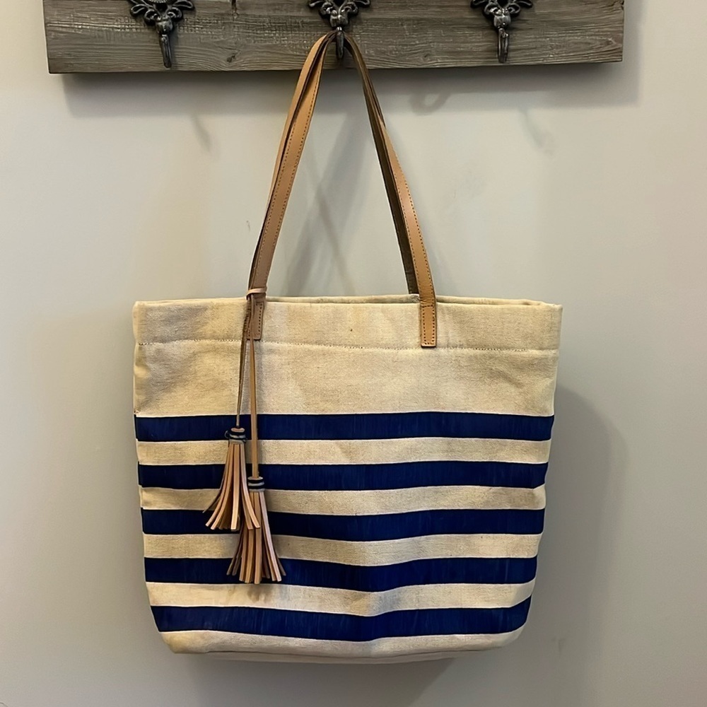 Marc Lamar Canvas Tote Bag Leather Handles & Trim Striped Zipper Top Jute Tassel